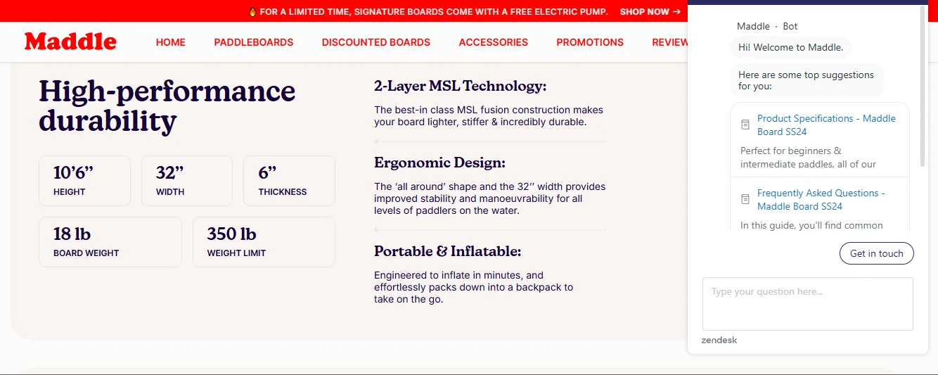 Maddleboard live chat uses FAQ and product manuals that is highly targeted to the frequent shopper