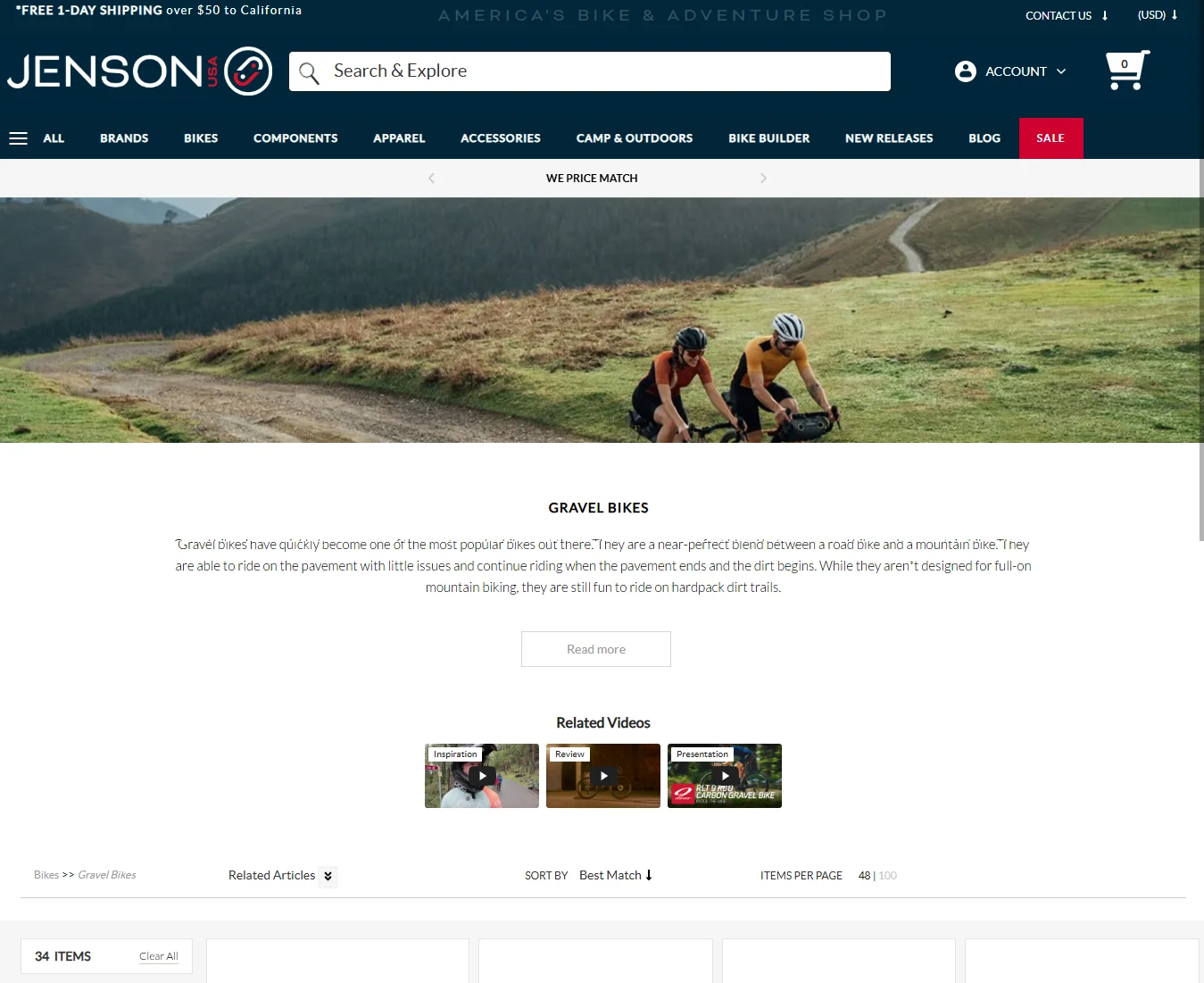 Jenson USA category page first fold snapshot to drive sports eCommerce conversion rate