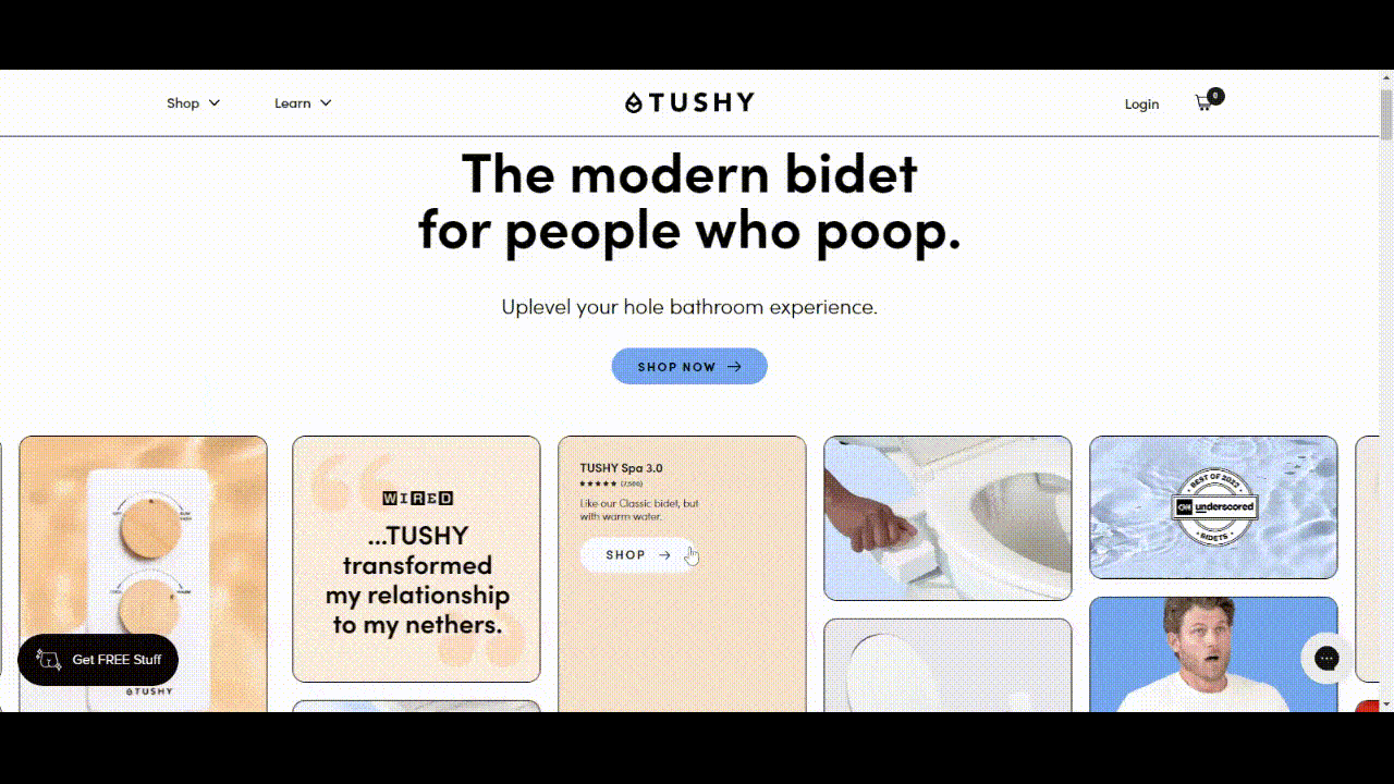 Featuring media mentions on Homepage by DTC brand, Tushy