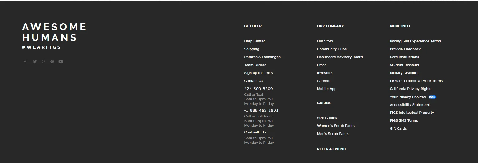 Figs footer showcasing availability, which helps increase conversion rate