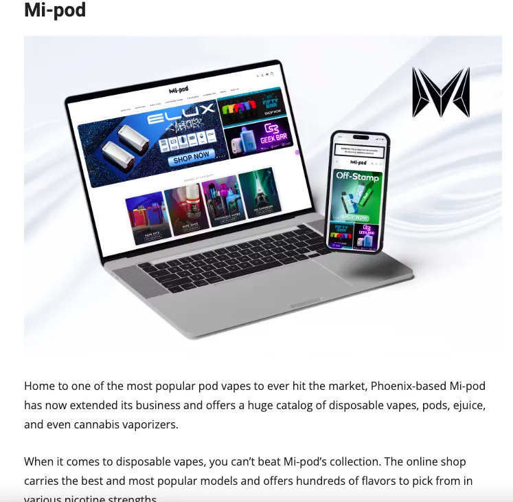 Mi-pod product mention on Vaping 360 along with coupon code to increase organic vaping conversions