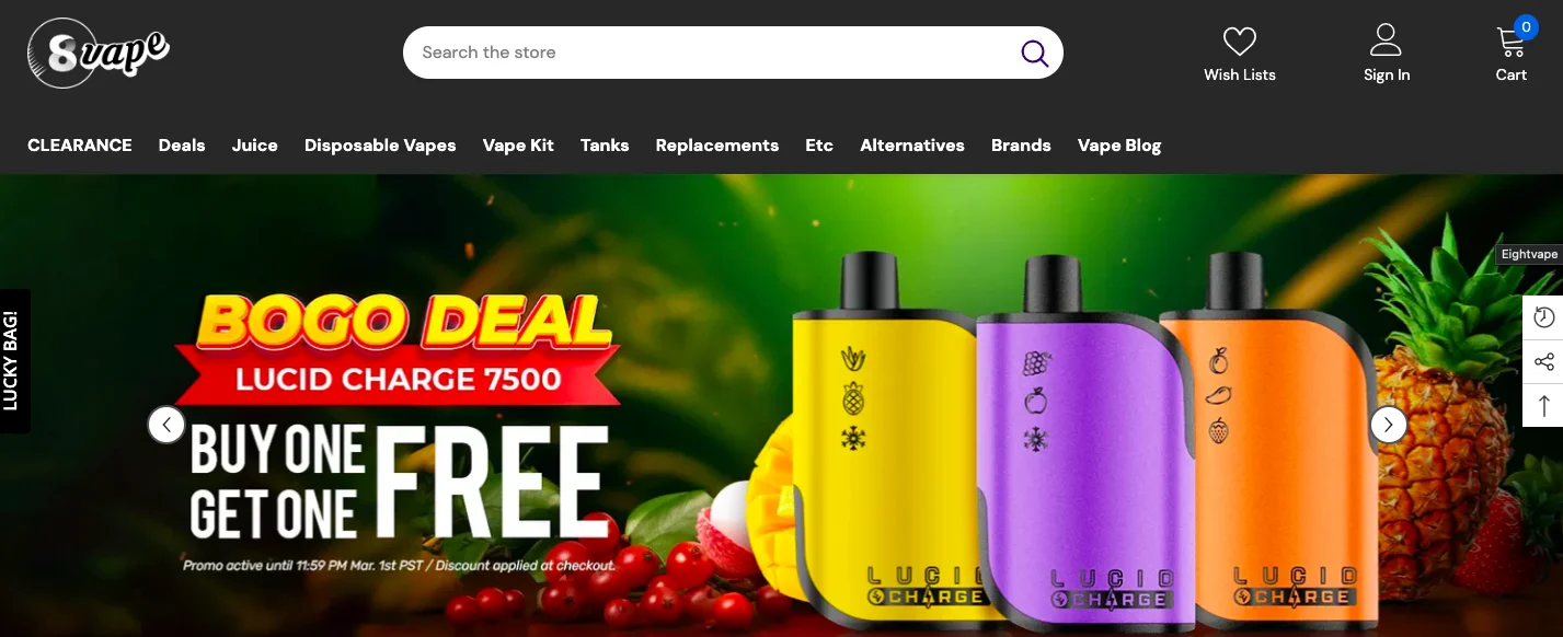 Eight Vape displays BOGO deals in their homepage first fold to trigger more conersions
