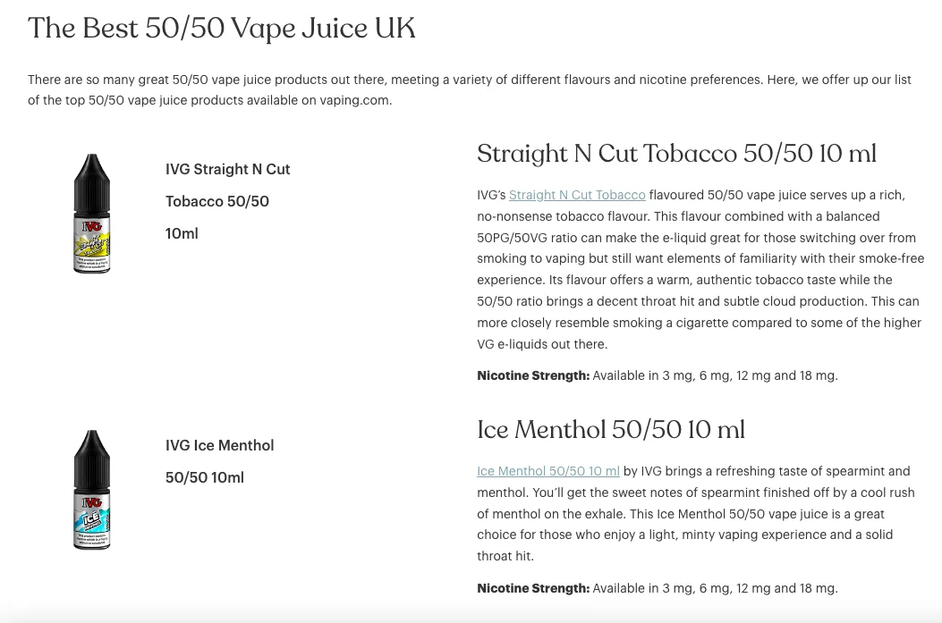 Vaping.com writes on 50/50 vape juice and also recommends relevant vaping products to increase conversions