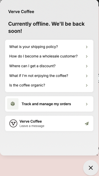 Verve Coffee live chat features the most important FAQ to fix low conversions on Shopify store