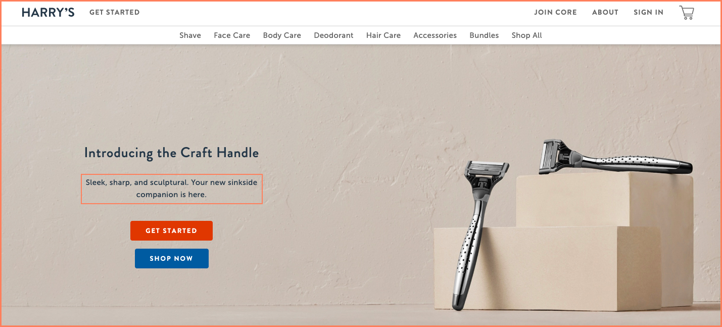 Harry's uses intelligent microcopy under their main hero header headline copy