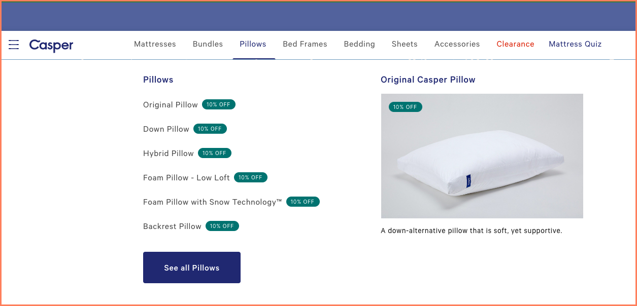 Casper offers discount information through microcopy on their primary navigation