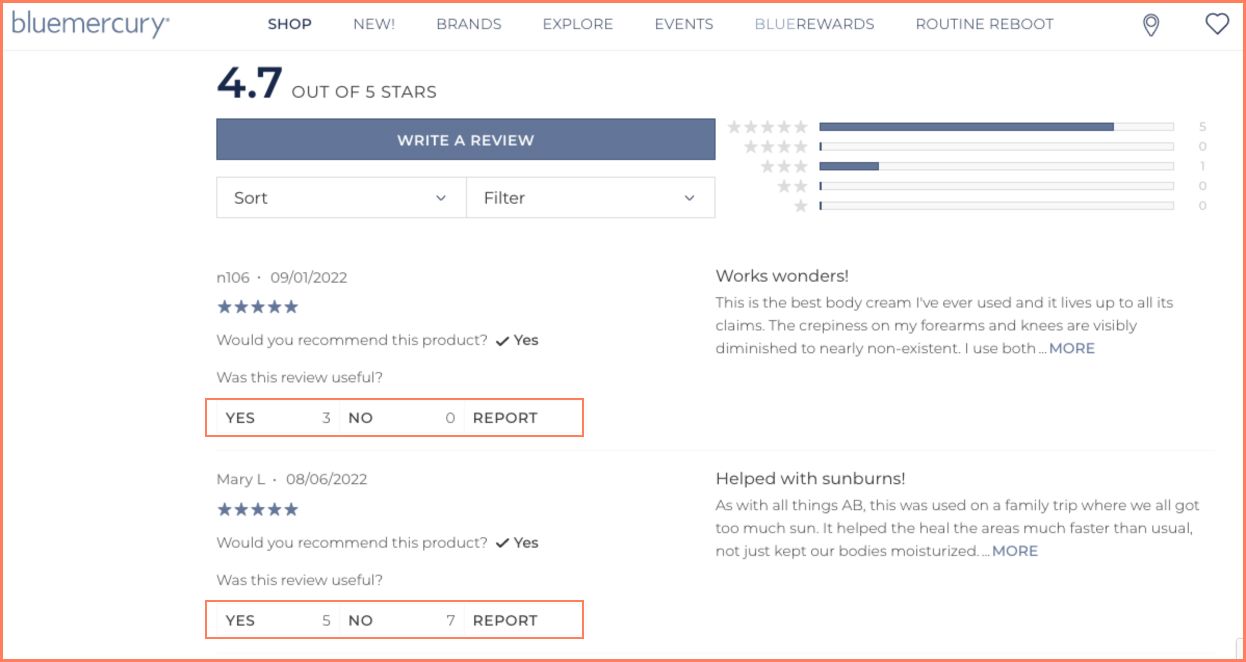 Bluemercury asks shoppers about their review reading experience through microcopy