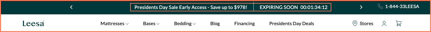 Leesa highlights time limited deals on the top of the page ticker through microcopy