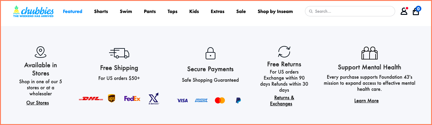 Chubbies highlights brand advantages through microcopy