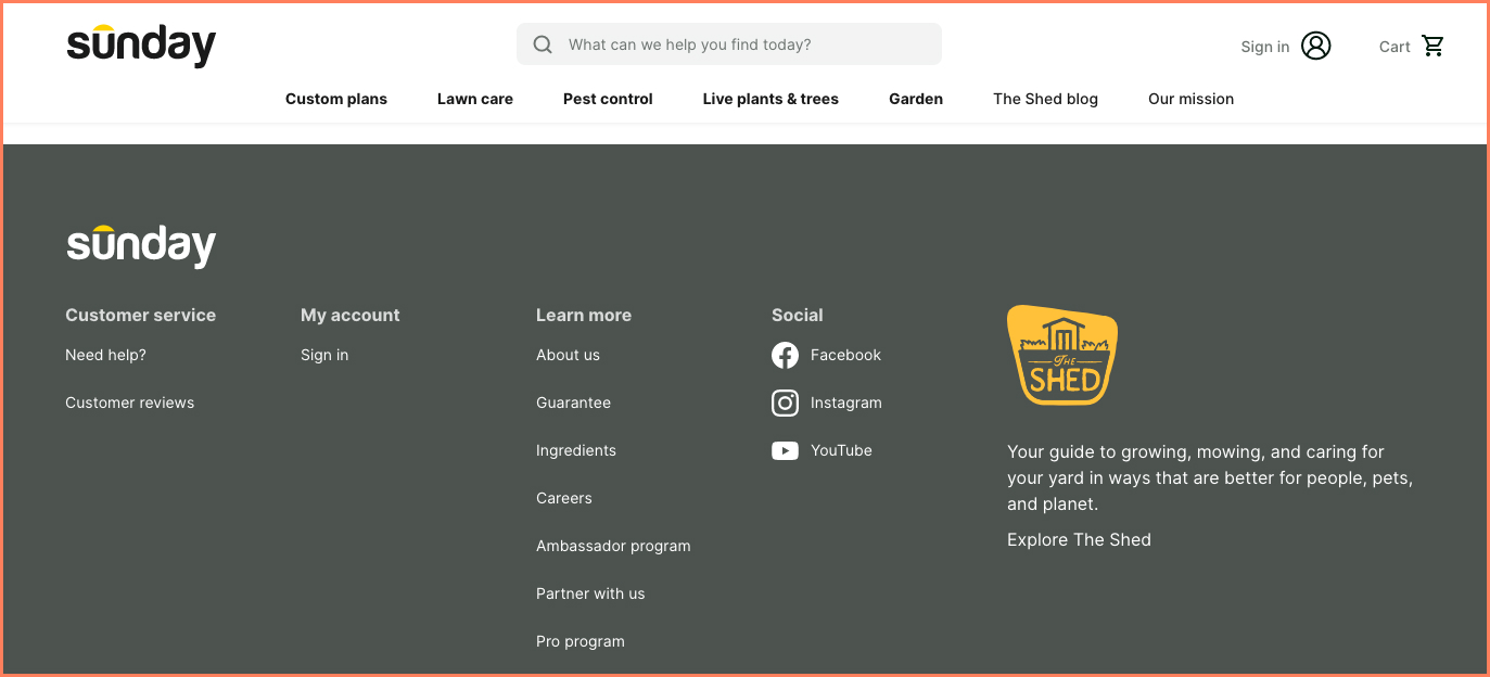 Sunday Lawn Care highlights their brand blog on the footer through microcopy