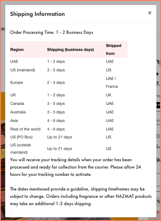Huda Beauty uses microcopy to elaborate their applicable shipping windows in different locations