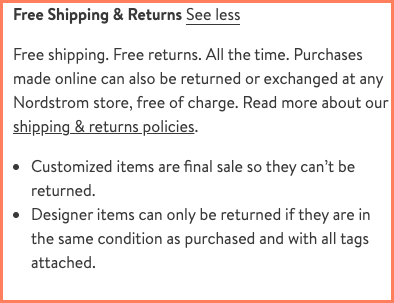 Nordstrom highlights the most crucial information around free shipping and returns through microcopy
