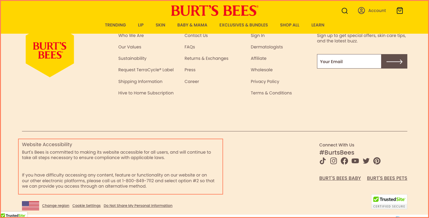 Burt's Bees elaborates on website accessibility on their site footer through microcopy