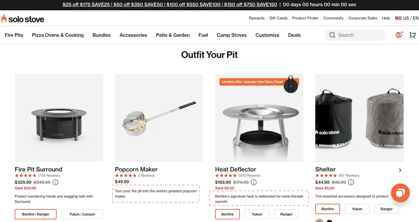 Solo Stove uses microcopy that uses flavors of an American lifestyle to promote their online store