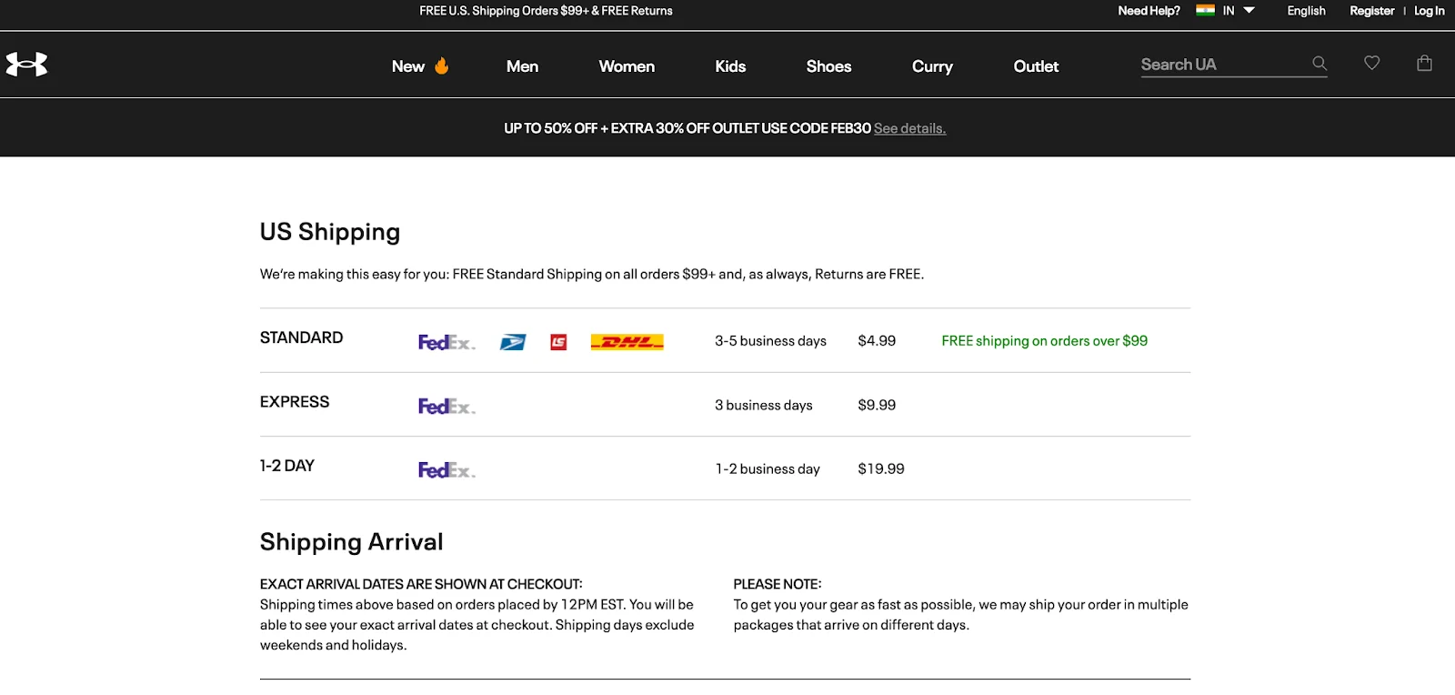 UnderArmour features multiple shipping plans to answer how to promote products online