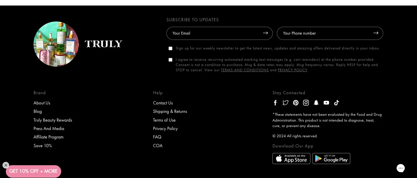Truly Beauty website footer shows how to promote your online store