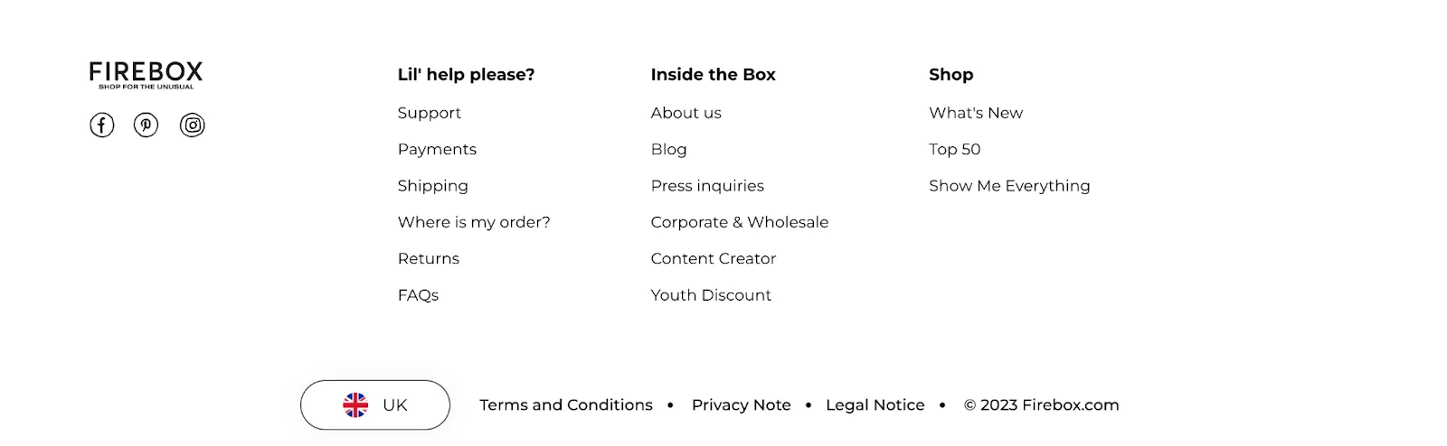 Promote your online store in the USA like Firebox does with their engaging footer section