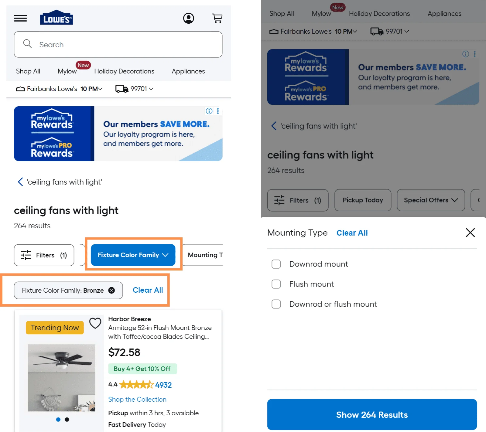 Lowe's faceted filters menu mobile UI design, showing fast-loading controls and a horizontal layout for thumbs.