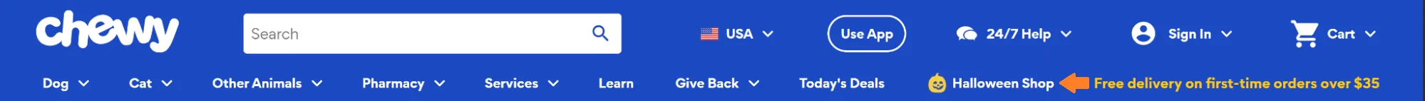 Chewy site navigation bar highlighting seasonal deals like the Halloween shop with color icons — an ideal top menu website placement for peak-season promos.