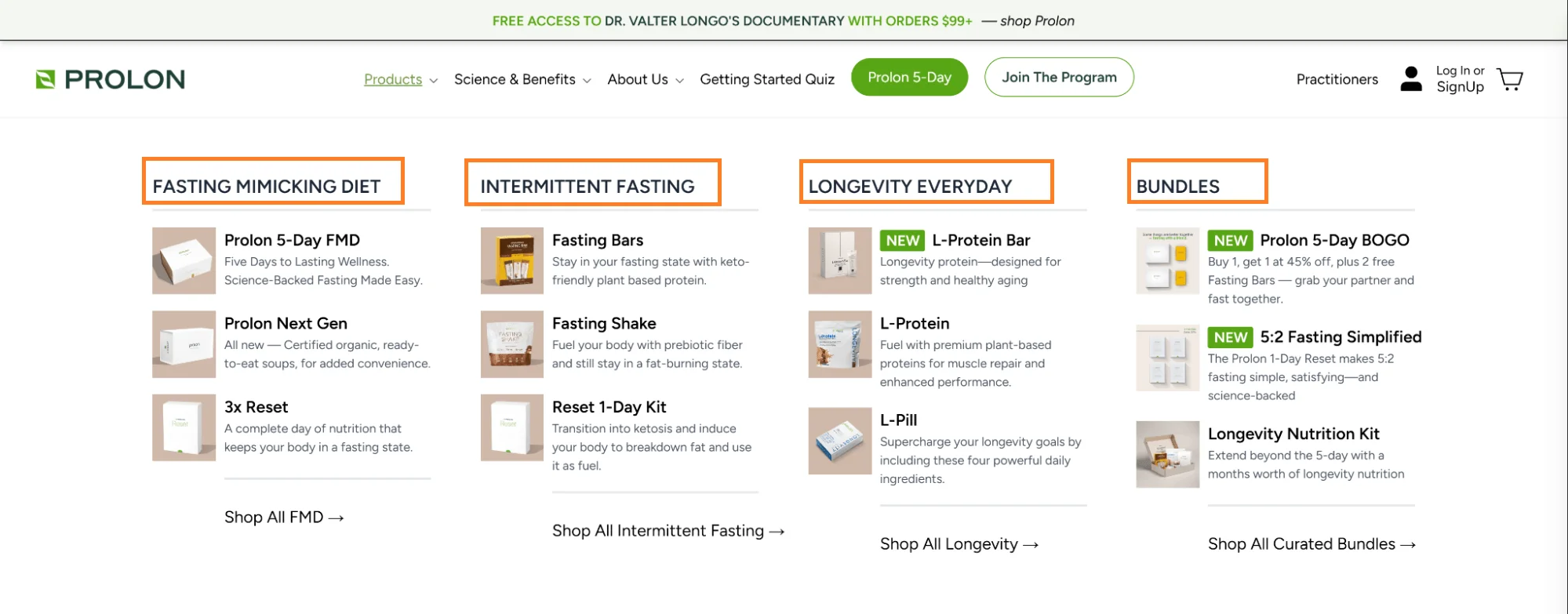 Prolon product navigation grouped by shopper goals like intermittent fasting and longevity — highlighting different types of menus on websites by use-case.
