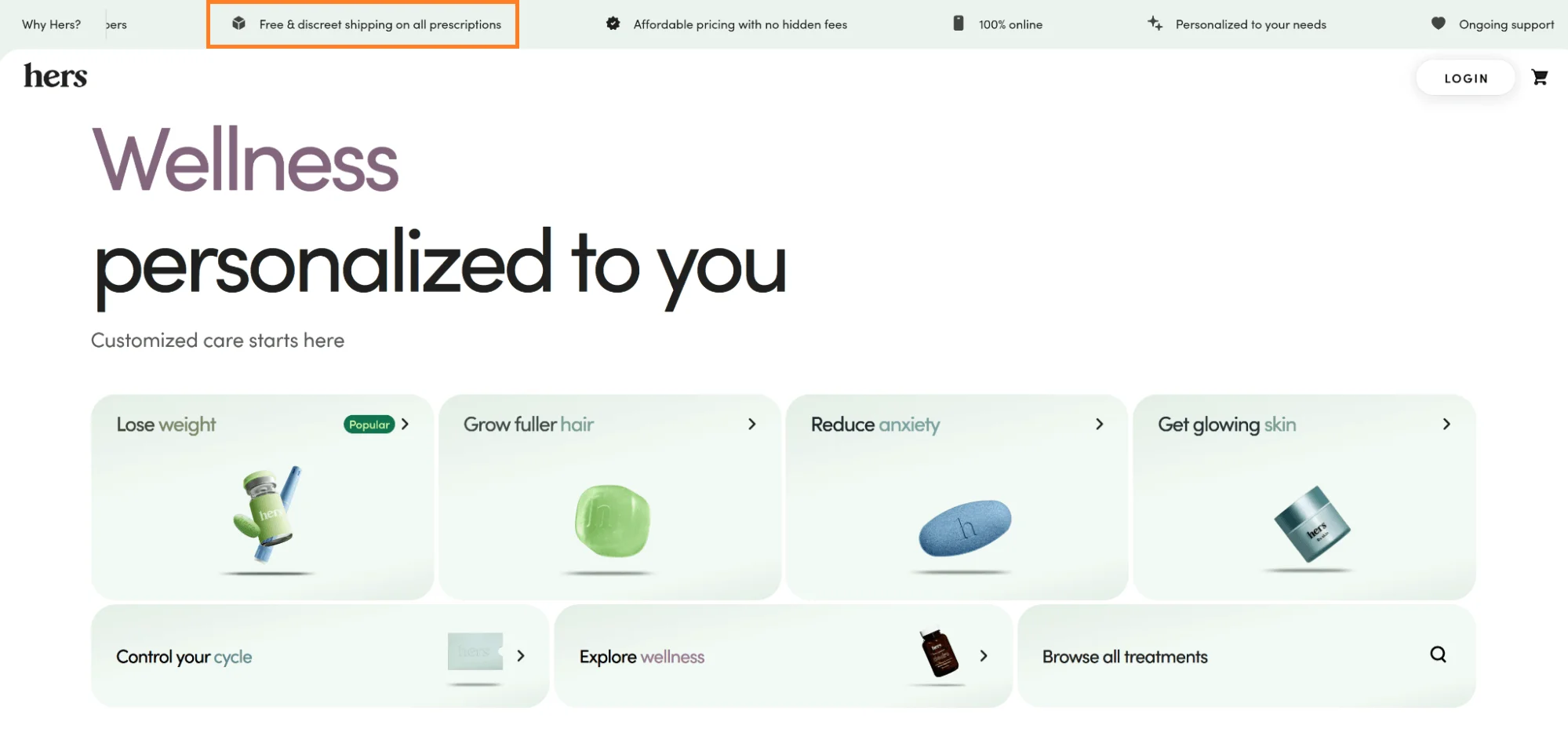 Hers rotating notification bar with brand benefits and promotional callouts — a micro UX example for navbar inspiration and benefit banners
