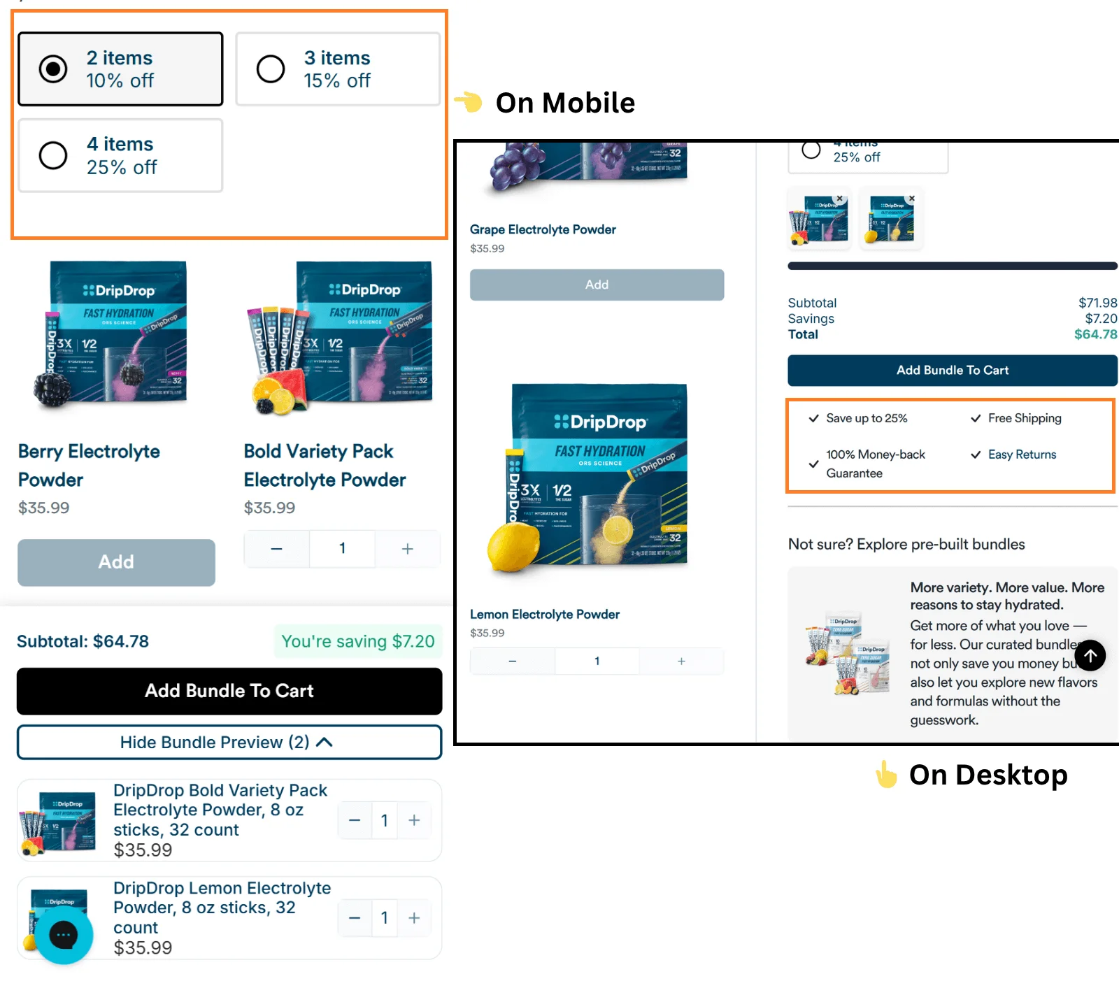 Drip Drop build-your-own-bundle navigation with customizable product selection steps – both mobile and desktop versions combine different navigation styles for websites