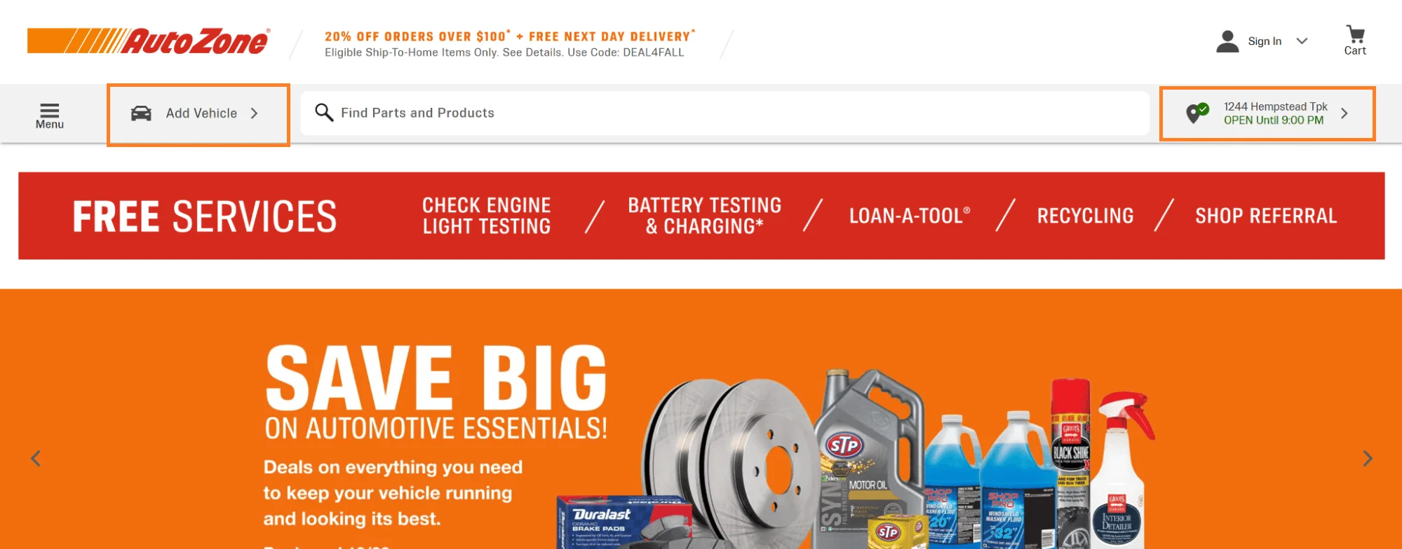 AutoZone location-based navigation displaying nearby stores, localized pickup options, and region-specific offers based on ZIP code.