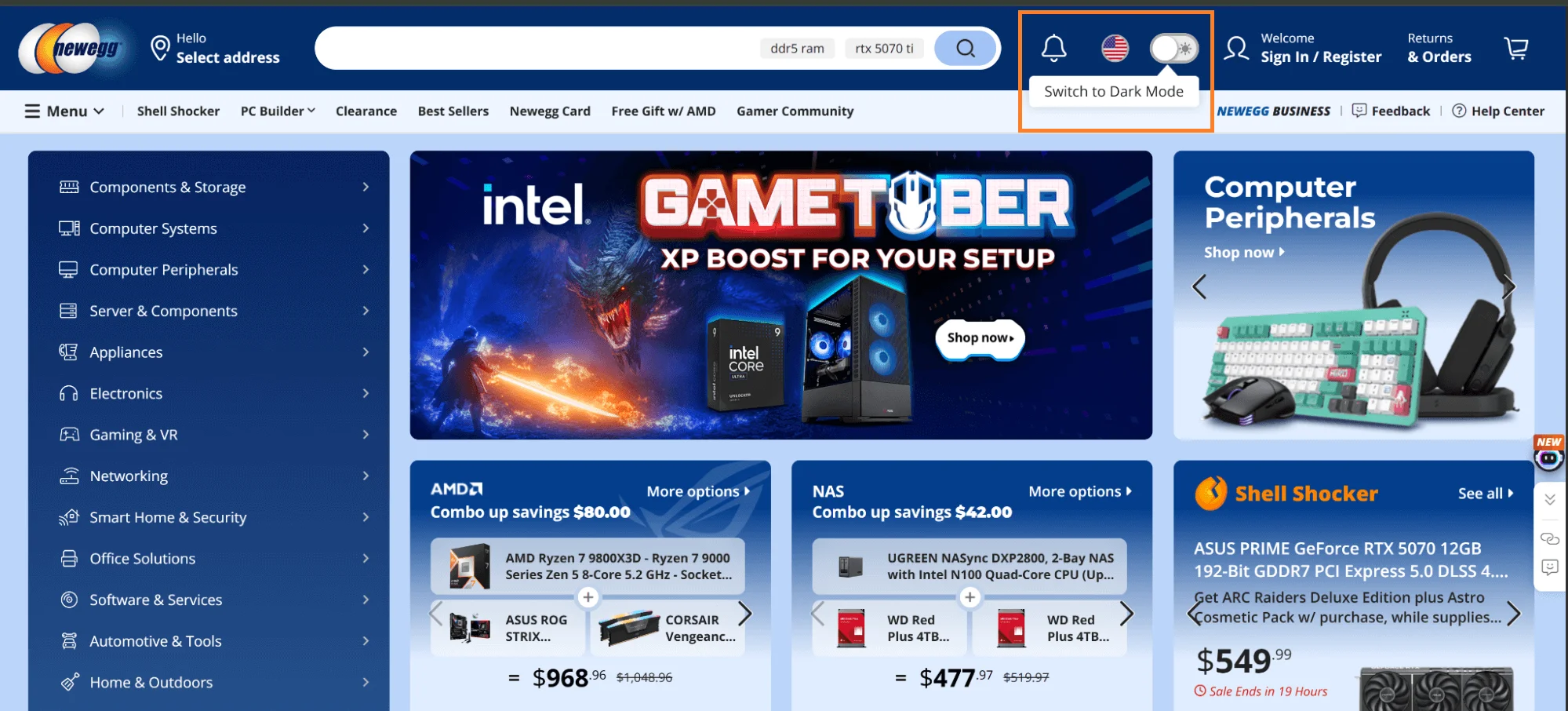 Newegg accessibility navigation offering dark mode, hover text labels, and an inclusive browsing setup for all shoppers.