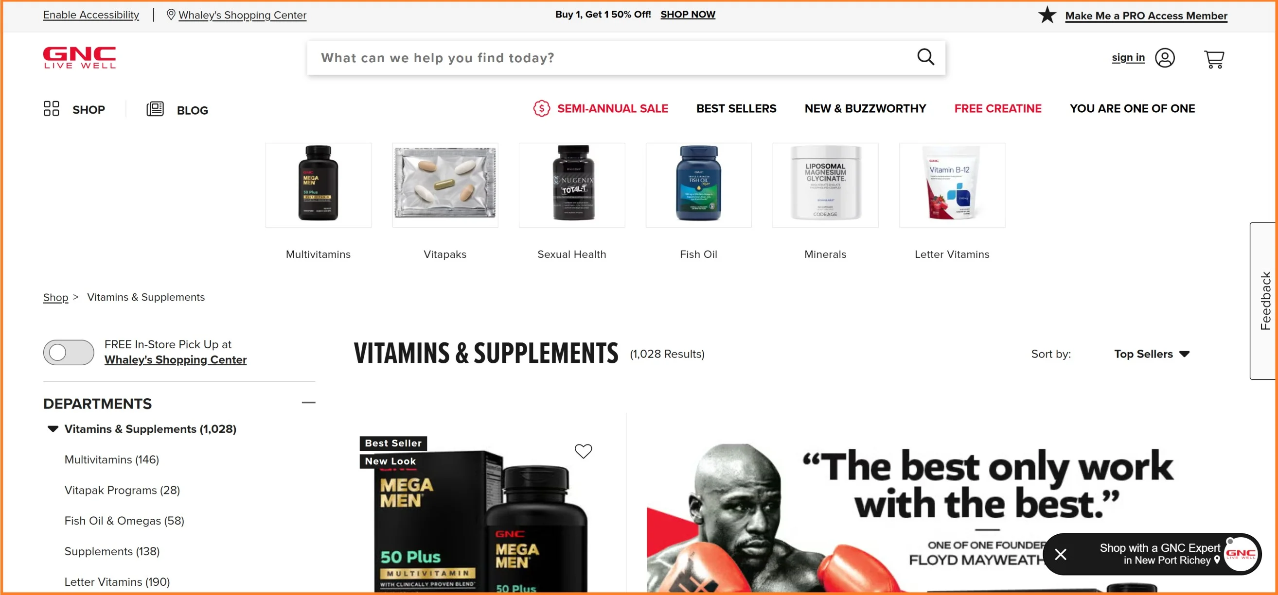 Dynamic content on product listing page example from GNC