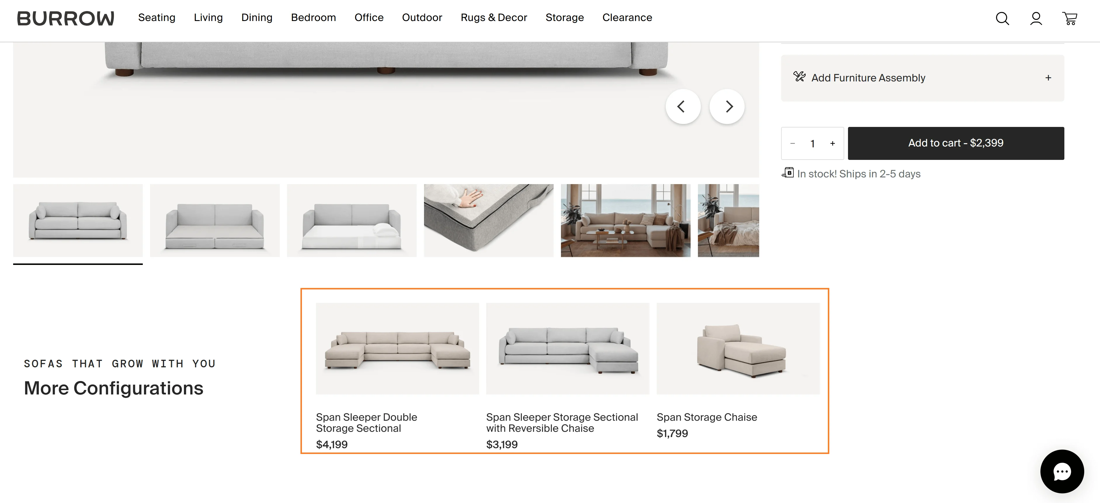 Burrow modular furniture demonstrating additional configurations upsell that increases AOV by showcasing expandable options.