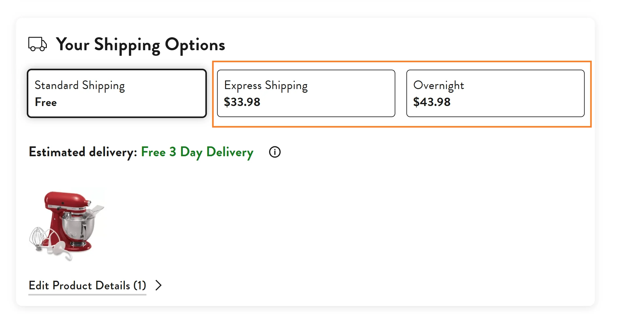 Sur La Table upgraded shipping upsell showing paid express and gift-priority delivery options for last-minute buyers.