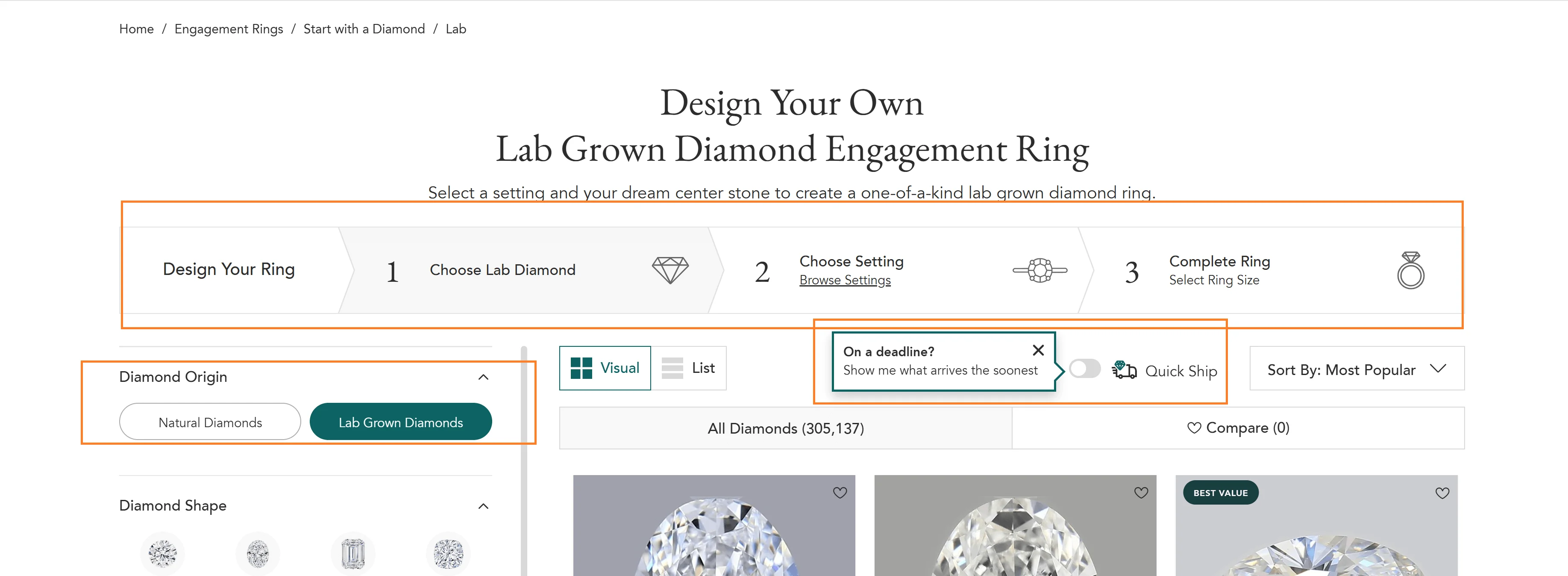 Brilliant Earth product builder combining upsells and cross-sells during a customizable ring build.