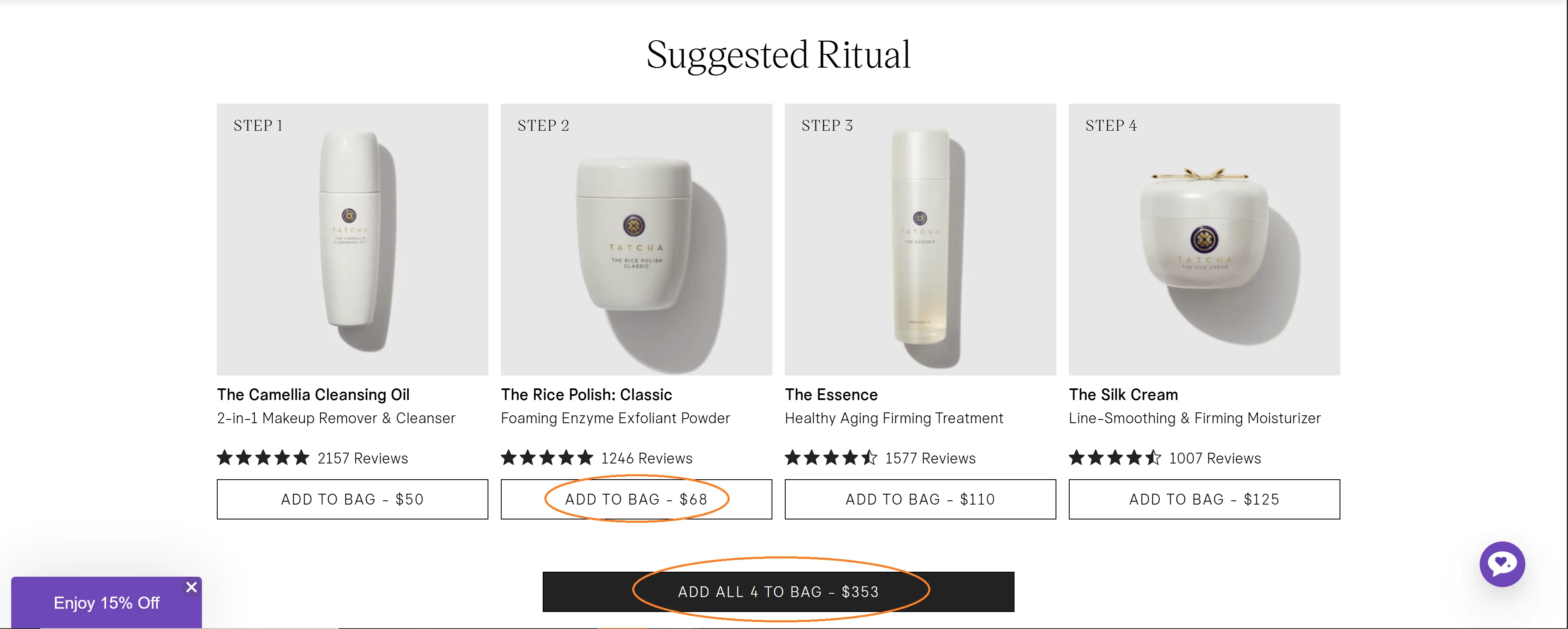 Tatcha ritual cross-sell demonstrating a four-step routine and product sequencing to complete a skincare set