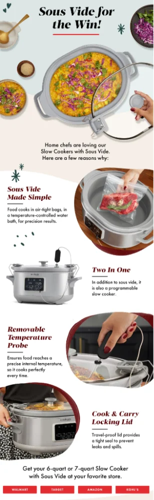 Crock Pot's email copy sticking to a central theme: Sous Vide Cookware