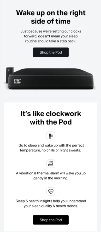 Jargon-free product features explained in email copy from Eight Sleep