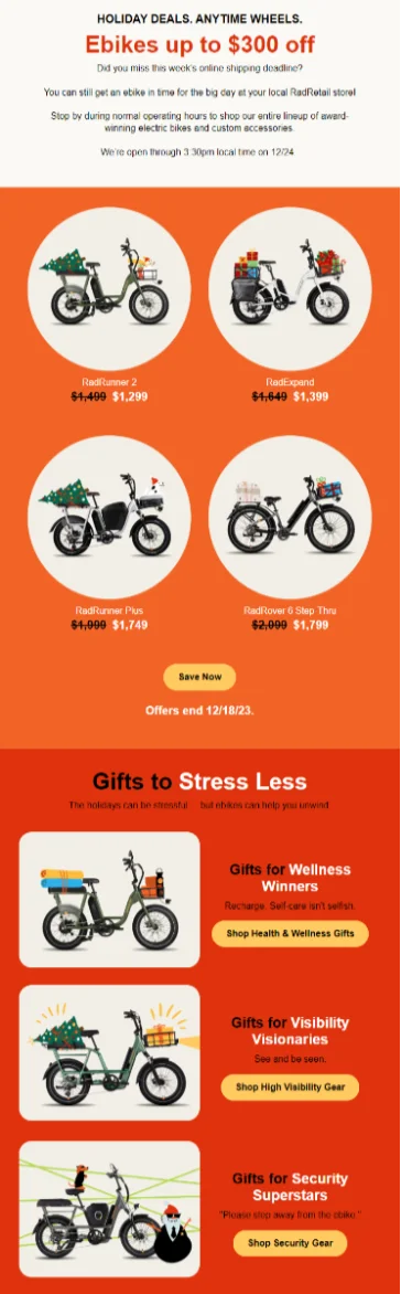 Email copy example from Rad Bikes. In this example, they break up copy in various HTML sections to ensure better readability. 
