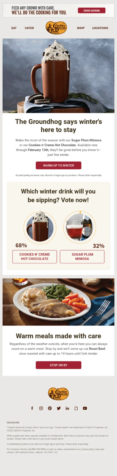 Cracker Barrel's interactive CTA copy which drives polls and other actions. This is an example of how email copy should be.