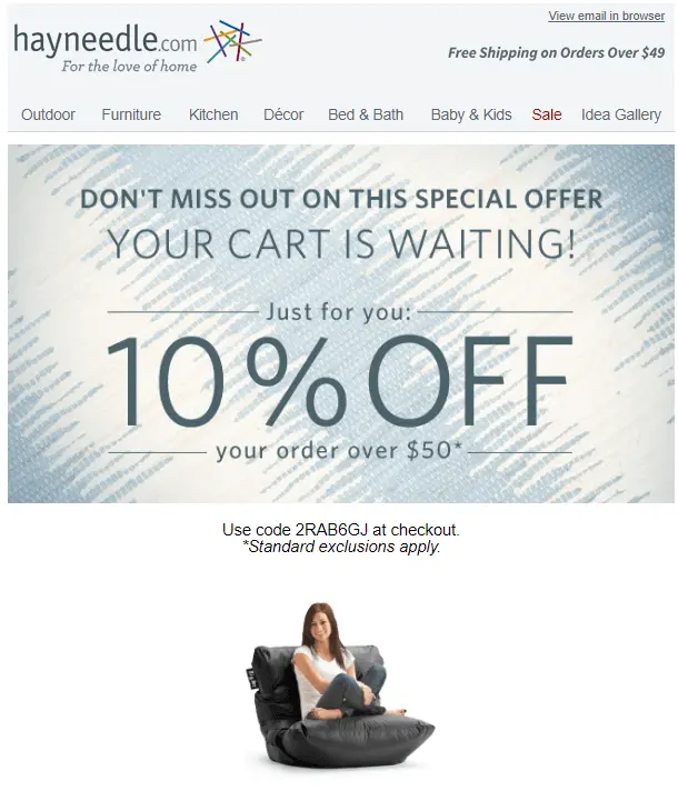 Hayneedle high converting abandoned cart email