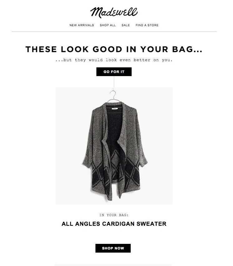 Madewell abandoned cart email example
