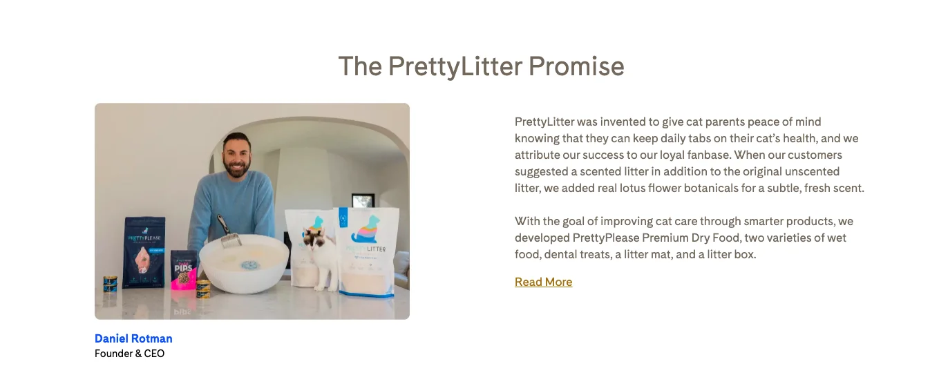 PrettyLitter features a founder's promise on their store to boost eCommerce profit margins