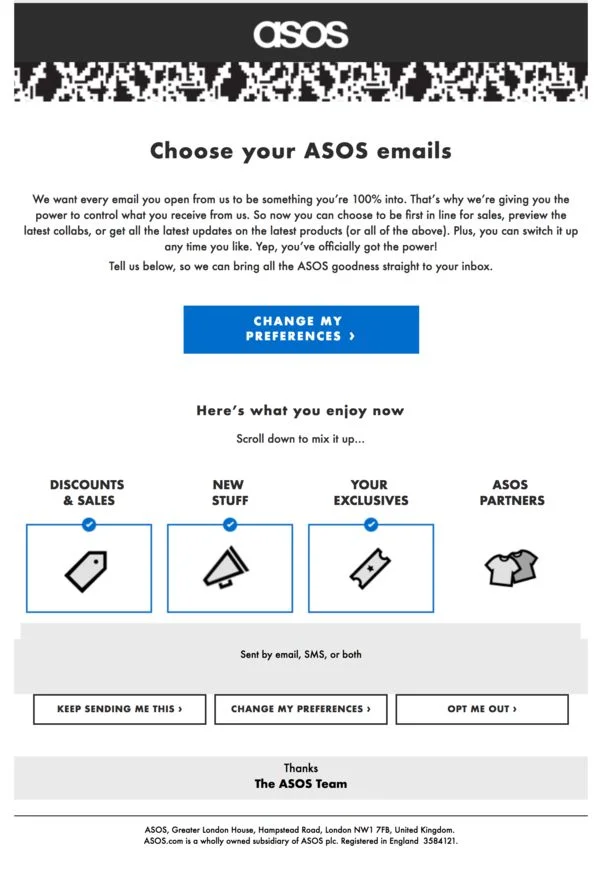 ASOS offers an email preference center instead of buying illegal email lists