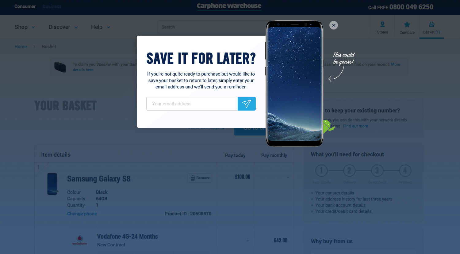 Save for later cart abandonment popup example