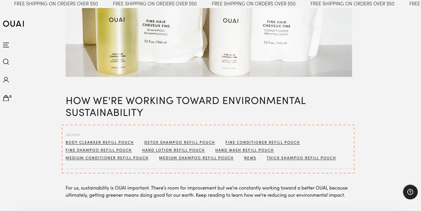 OUAI product links highlighted at the top of a blog for traffic conversion
