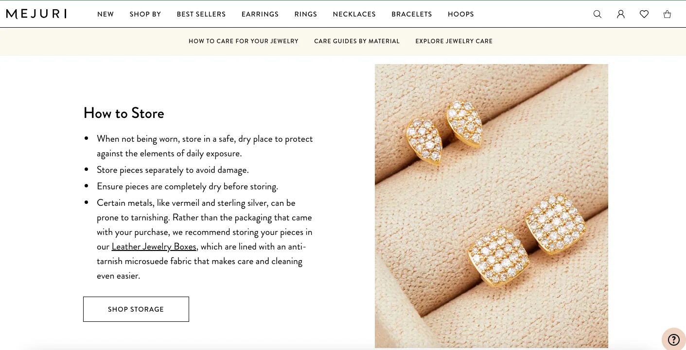 Mejuri blog features product links for organic conversions