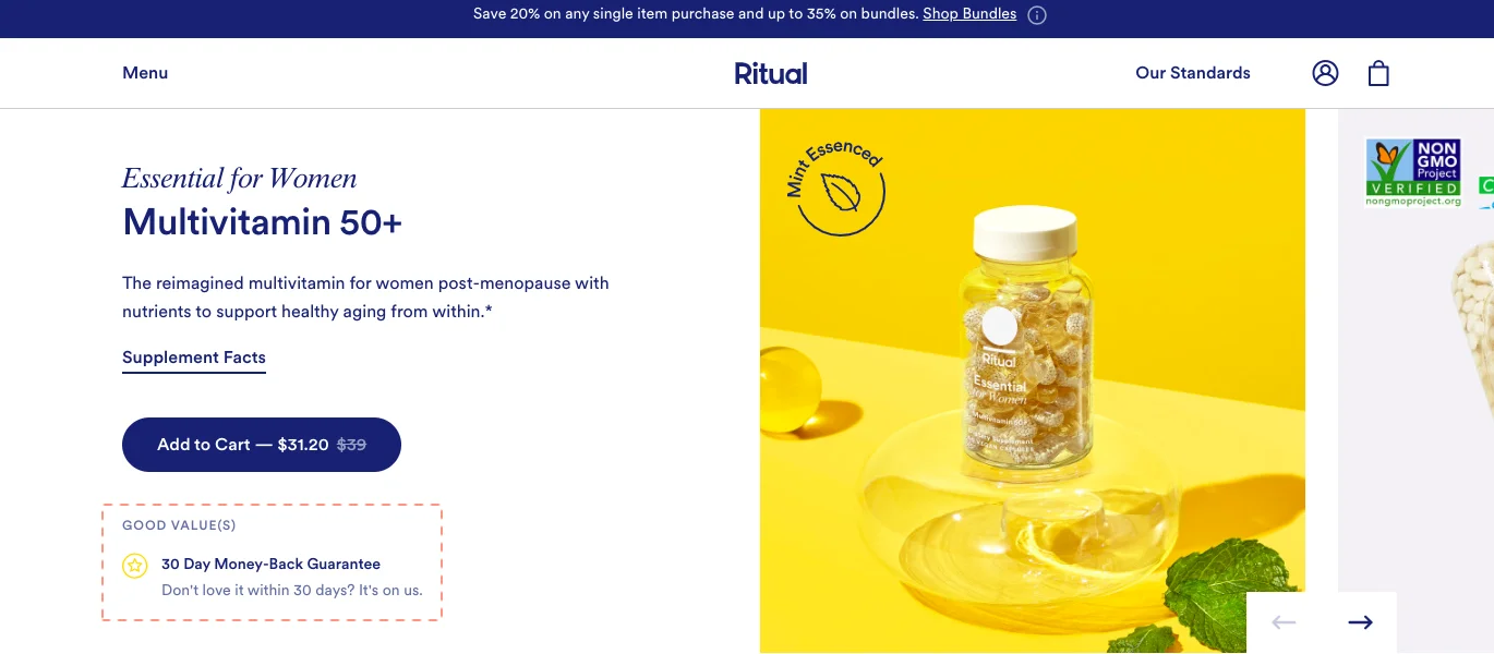 Ritual features a satisfaction guarantee to increase traffic conversion