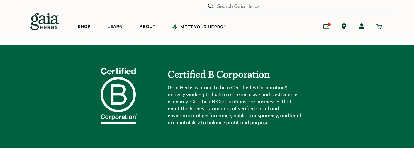 Gaia Herbs features their B Corp certification to create trust and organic traffic conversions