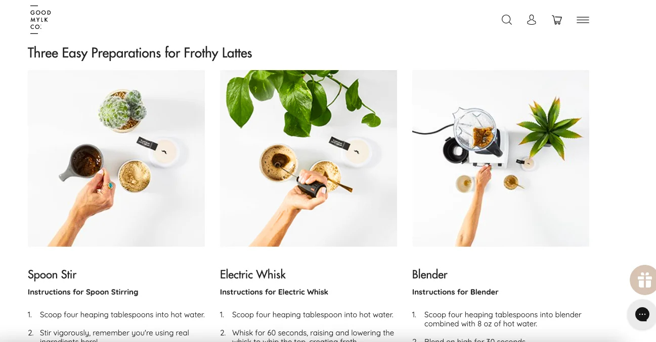 Good Mylk features recipes on their product pages to convert organic traffic