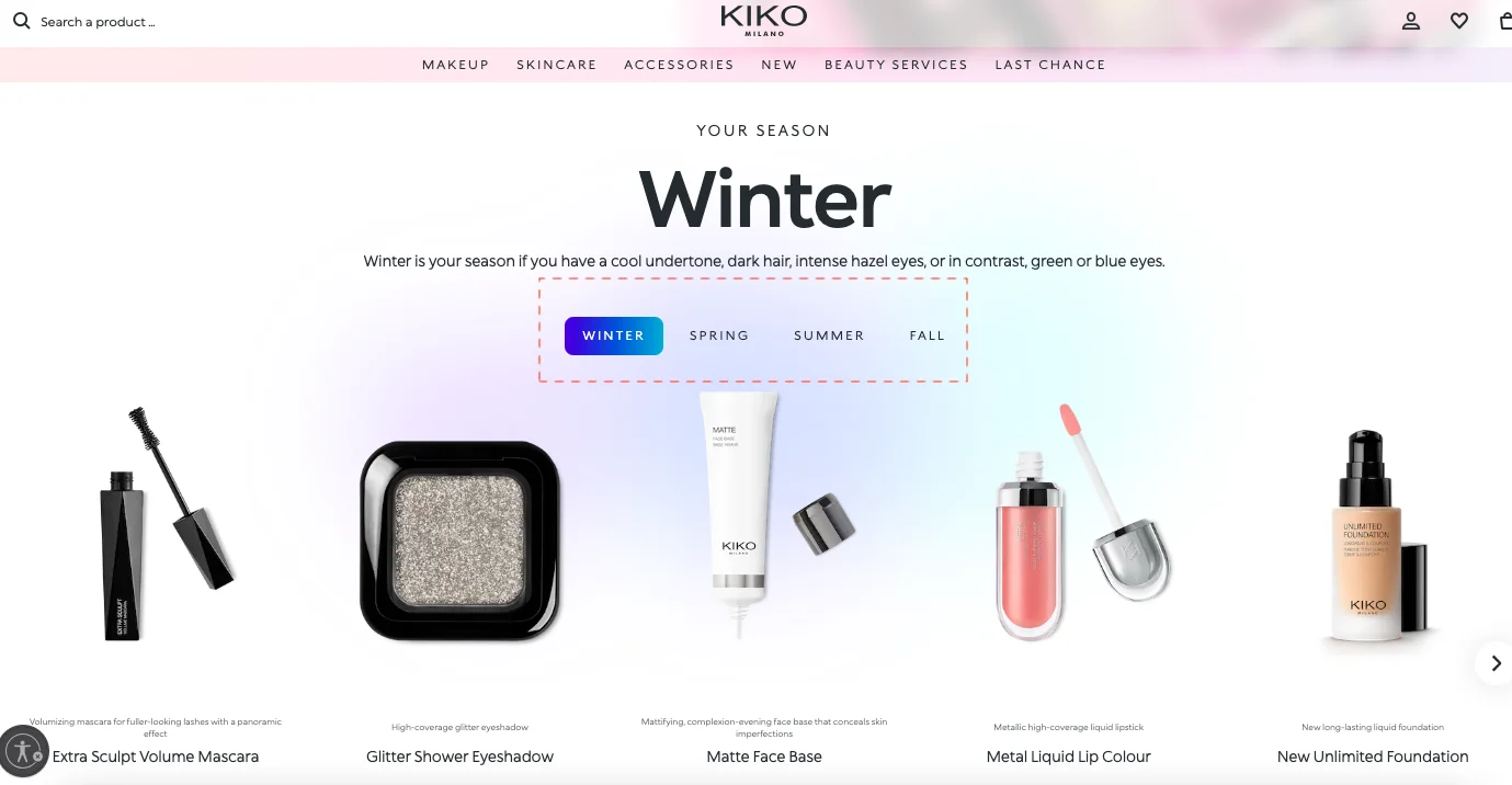 Kiko Cosmetics features product recommendations based on audience profiles to improve organic conversion