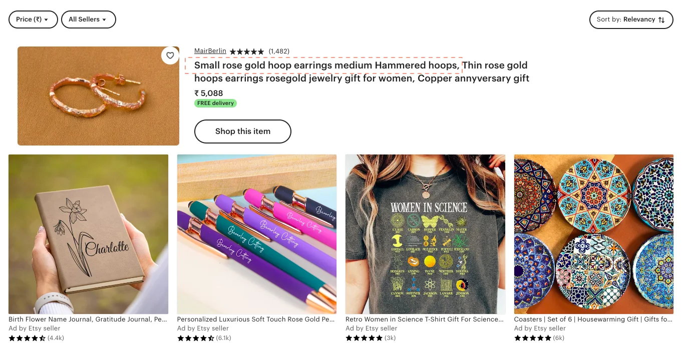 Etsy optimizes their product content with long tail keywords to convert organic traffic