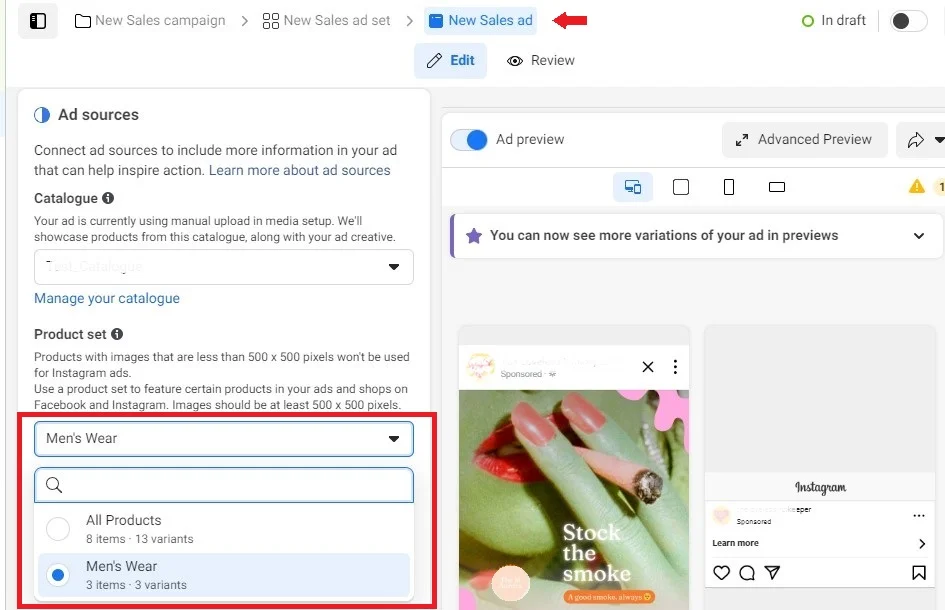 eCommerce Facebook ads product set
